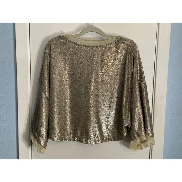 Free People Blouse XS Gold Sequin Cropped Glam Swiftie Festival Bling Club - Picture 6 of 8